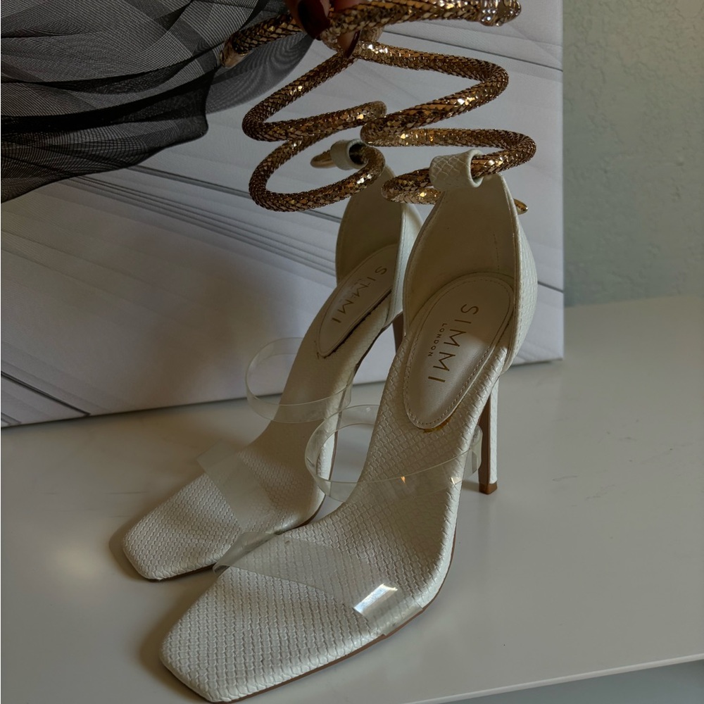 White & Gold Snake Heels